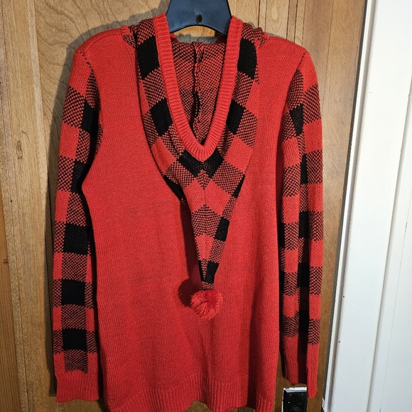 Ugly Christmas Sweater Reindeer Long Pointy Checkered Hood L (11-13) - Picture 2 of 4